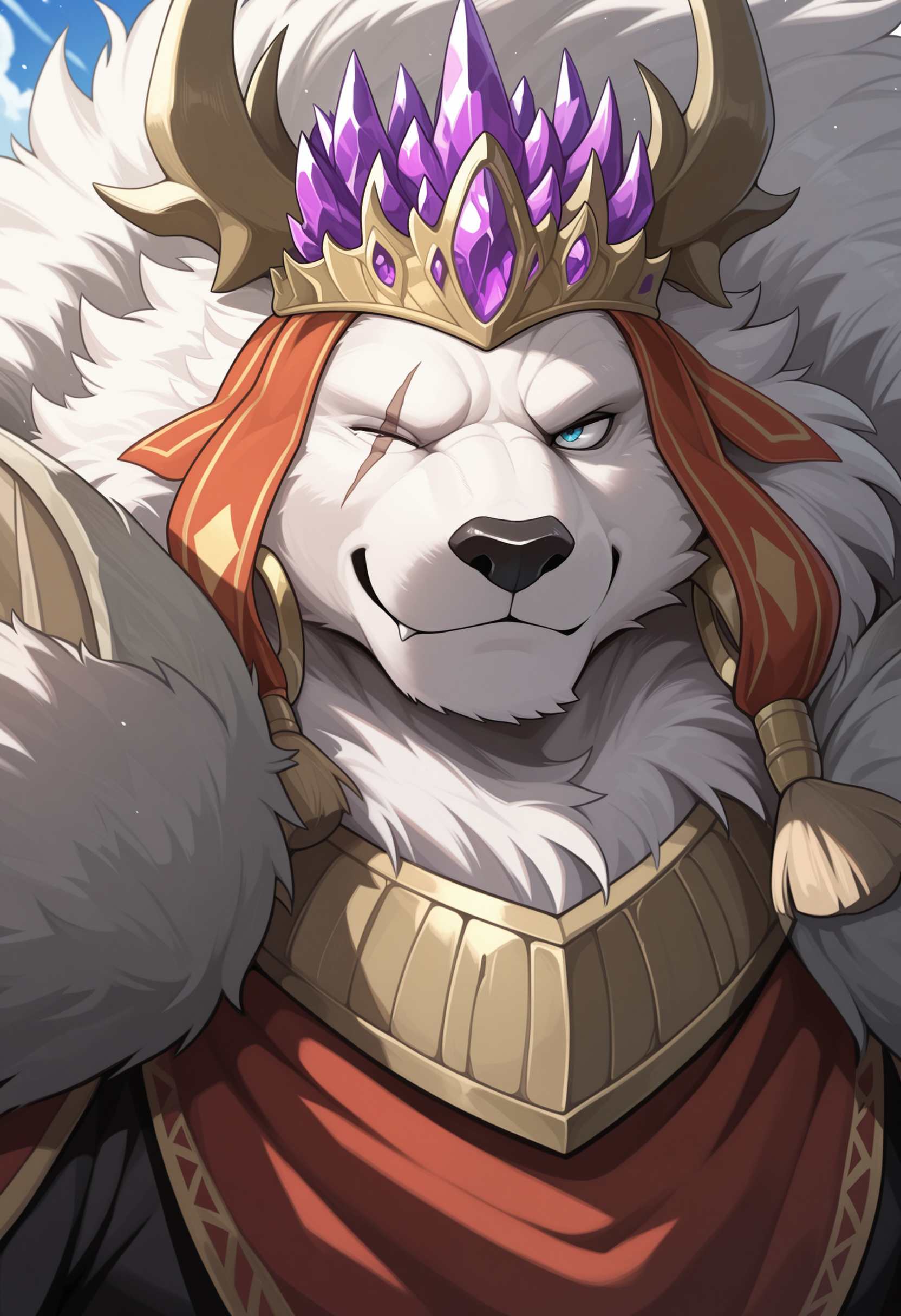 masterpiece, best quality, amazing quality, 1boy, solo, CrushfangSD, scar across eye, Crown, close-up, smile