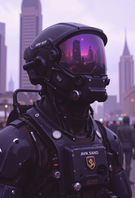 The image is a digital painting in a realistic style, depicting a futuristic astronaut in an urban environment with a bleaked purple color scheme. The astronaut's helmet, made of dark, rugged material, dominates the foreground. The helmet's visor displays a striking cityscape at dusk, now illuminated by muted purple and grey hues, casting an eerie glow over the towering skyscrapers and futuristic spires. The vibrant colors have been replaced with washed-out tones, giving the scene a melancholic and desolate feel, as if the city is slowly succumbing to decay.
The astronaut's face remains hidden, but the helmet's visor reflects the cityscape, adding a layer of mystery and immersion. Their bulky, high-tech chest plate is adorned with various mechanical components and a faint insignia on the left shoulder, suggesting affiliation with a distant military or research organization. The purplish tones cast shadows on the chest plate, amplifying the sense of abandonment and advanced yet worn-out technology.
In the background, the cityscape looms under a pale, misty atmosphere, with tall buildings partially obscured by drizzle. The overcast sky blends deep purples with ashen grey, giving the entire scene a haunting, post-apocalyptic atmosphere. The mood is one of quiet tension, as the astronaut stands amidst a world caught between futuristic advancement and urban decay.