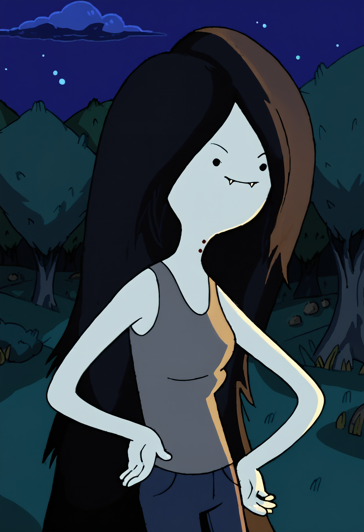 marceline, 1girl, fangs, solo, vampire, long hair, fangs out, solid circle eyes,tank top,  bite mark, black eyes,  black hair,floating, very long hair, grey skin, pants, smile,outdoors, night, night sky,  <lora:MarcelinePony1.1:1>, score_9, score_8_up, score_7_up, score_6_up, score_5_up, score_4_up, looking at viewer, hand on own hip, cowboy shot,tree, forest,
