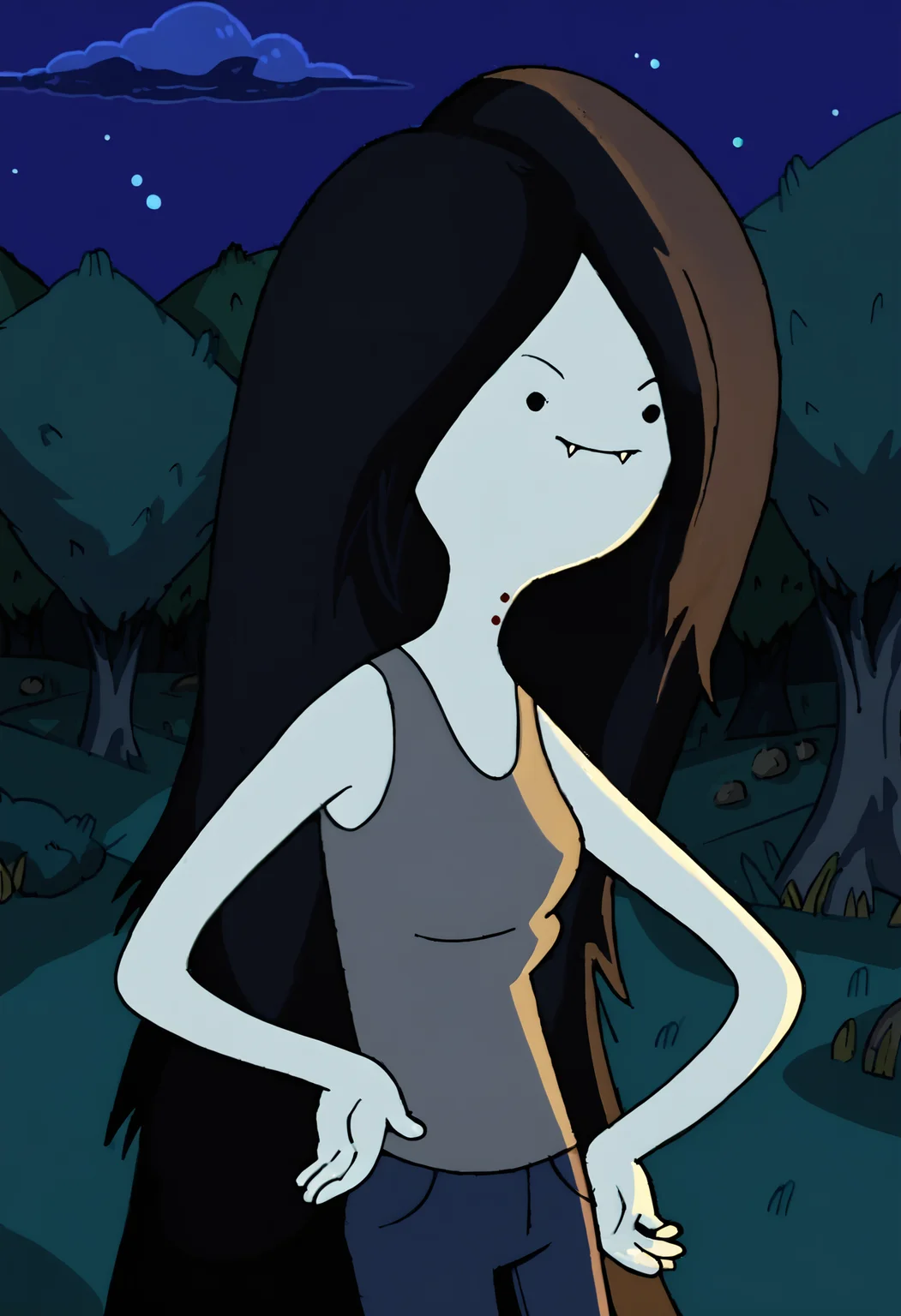 marceline, 1girl, fangs, solo, vampire, long hair, fangs out, solid circle eyes,tank top,  bite mark, black eyes,  black hair,floating, very long hair, grey skin, pants, smile,outdoors, night, night sky,  <lora:MarcelinePony1.1:1>, score_9, score_8_up, score_7_up, score_6_up, score_5_up, score_4_up, looking at viewer, hand on own hip, cowboy shot,tree, forest,
