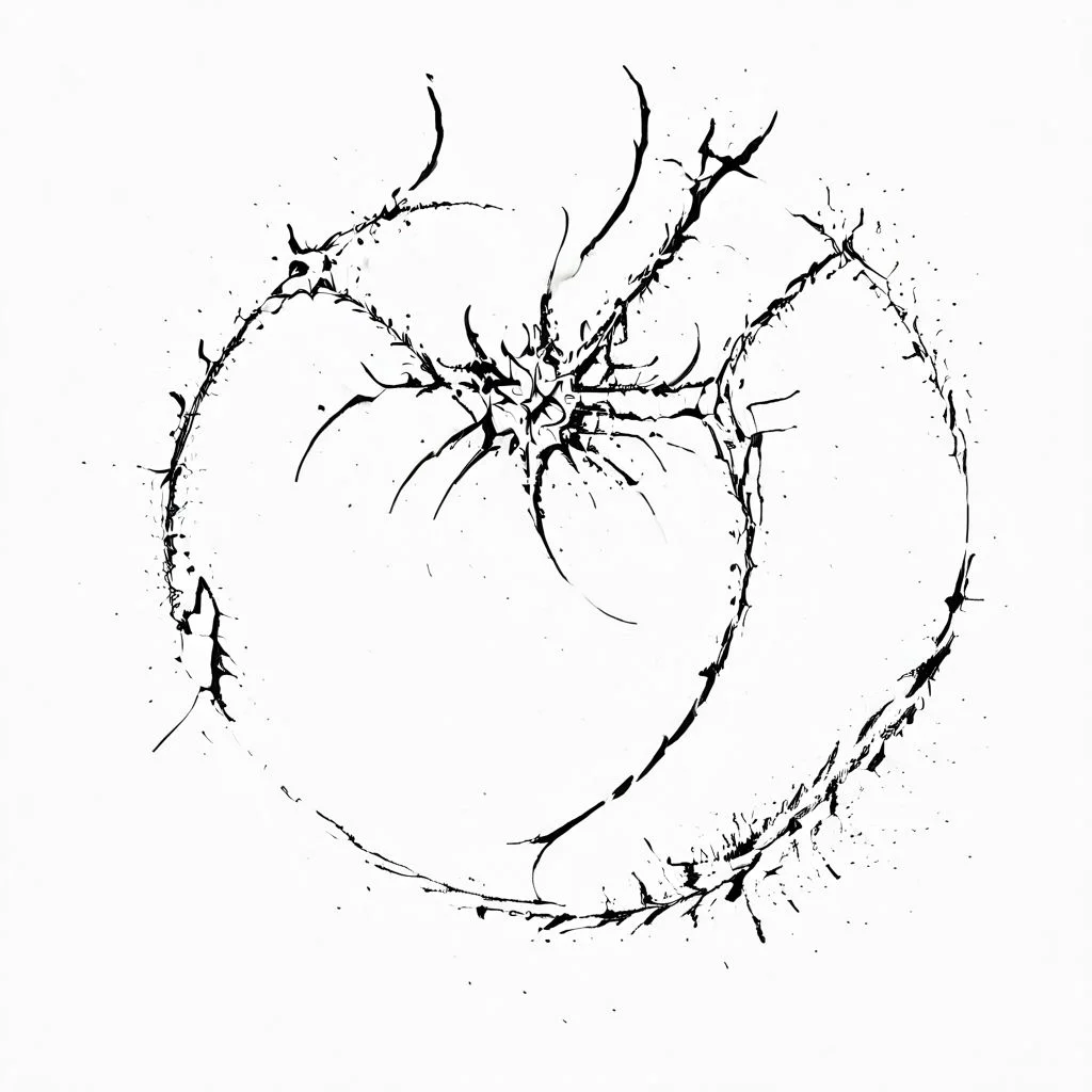 masterpiece, best quality, cybersigilism, neotribal, photo of heptagram, white background, (heptapod language:1.5), language from film arrival, curves, ink circles