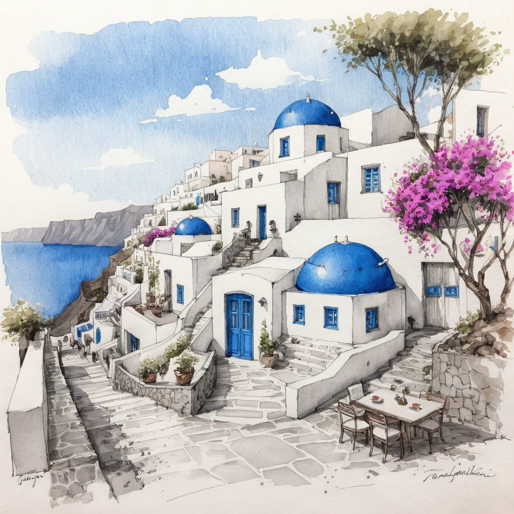 Architecture sketch, traditional house in Santorini with blue domes and windows, inspired by the traditional architecture of Santorini, heavy watercolor with splash effect, heavy black lines on white paper, trees, walkway with restaurants in foreground, Bougainvillea float over the house to spread serenity, vibrant surrounding, <lora:HandSketcher-XL:0.70>