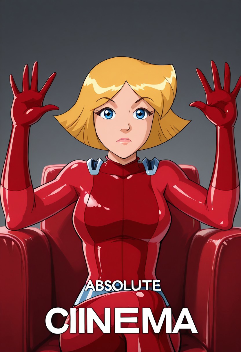 masterpiece, best quality, good quality, 1girl, solo, cartoon, parody, official style, cl0ver_totally_spies, short hair, blonde hair, blue eyes, red bodysuit, sexy, large breasts, beautiful, detailed, high detailed, very beautiful, detailed face, detailed eyes, detailed hand, abstract background, <lora:absolute-cinema-illustriousxl-lora-nochekaiser:1>, absolute cinema, greyscale, monochrome, solo, sitting, looking at viewer, grey background, english text, subtitles, hands up,