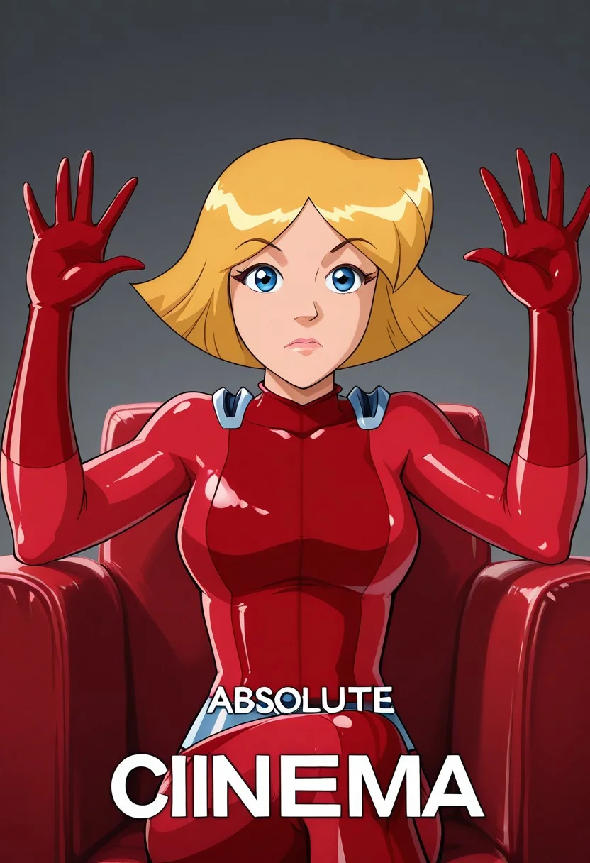 masterpiece, best quality, good quality, 1girl, solo, cartoon, parody, official style, cl0ver_totally_spies, short hair, blonde hair, blue eyes, red bodysuit, sexy, large breasts, beautiful, detailed, high detailed, very beautiful, detailed face, detailed eyes, detailed hand, abstract background, <lora:absolute-cinema-illustriousxl-lora-nochekaiser:1>, absolute cinema, greyscale, monochrome, solo, sitting, looking at viewer, grey background, english text, subtitles, hands up,