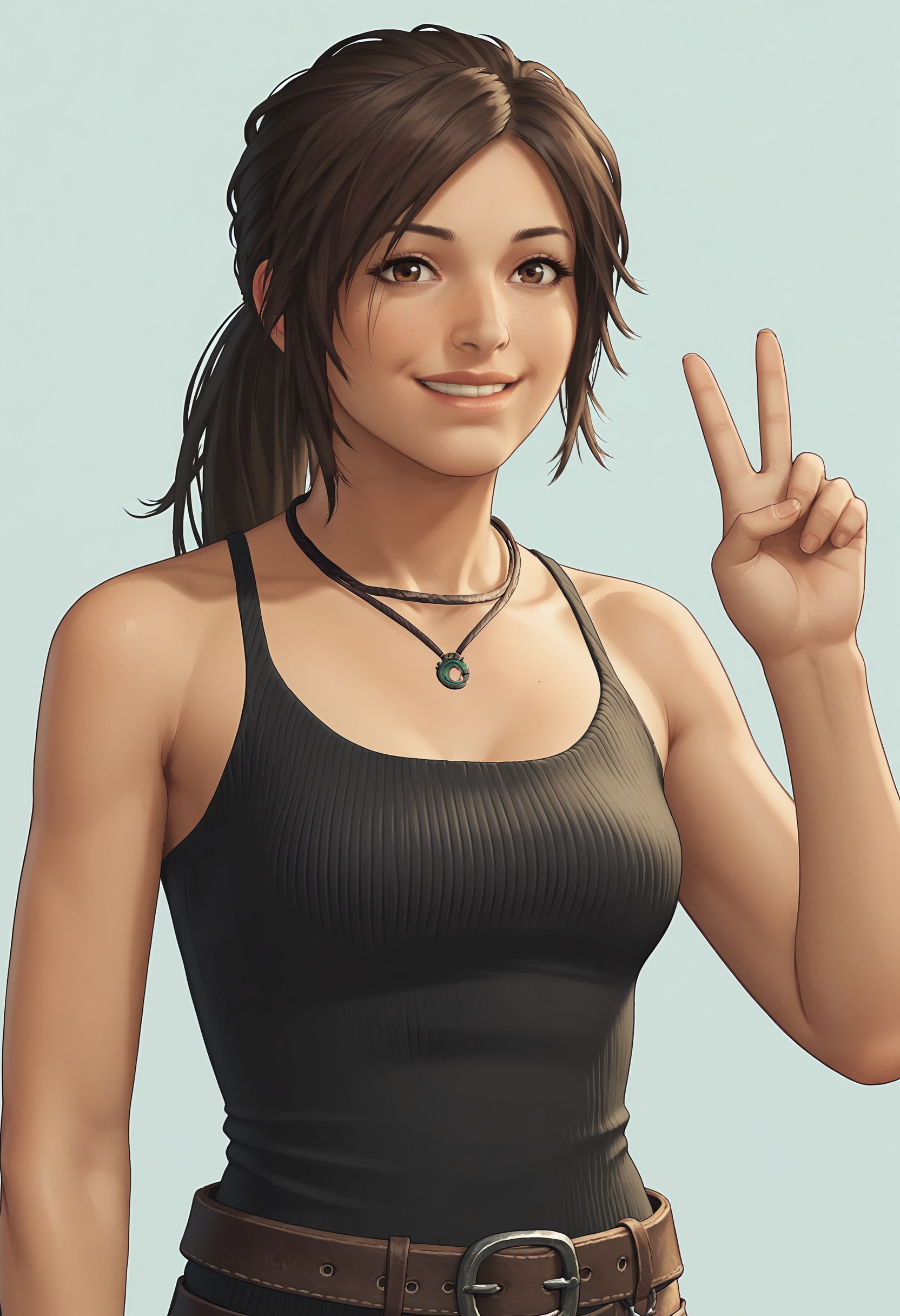 score_9, score_8_up, score_7_up, score_6_up, score_5_up, score_4_up, 1girl, <lora:LaraCroftTanktop:0.85> solo, medium breasts, brown hair, brown eyes, ponytail, lips, jewelry, necklace, tank top, pants, belt, bare shoulders, upper body, v sign, smile, looking at viewer,
light blue background, simple background,