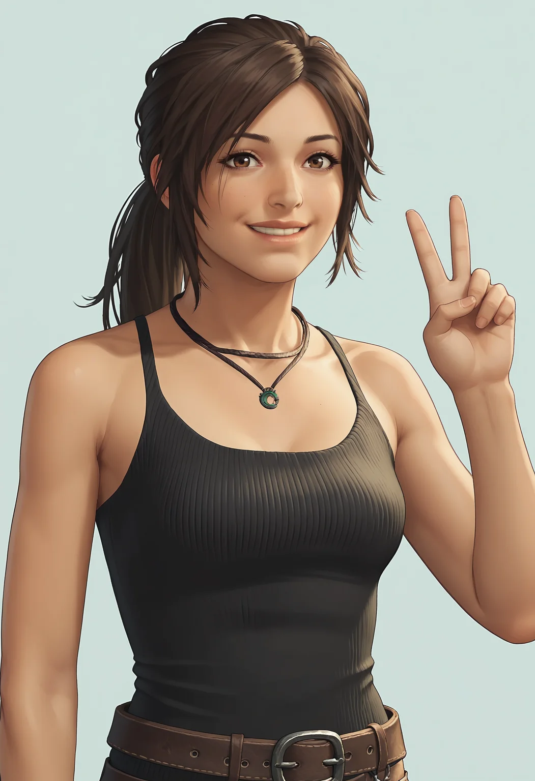score_9, score_8_up, score_7_up, score_6_up, score_5_up, score_4_up, 1girl, <lora:LaraCroftTanktop:0.85> solo, medium breasts, brown hair, brown eyes, ponytail, lips, jewelry, necklace, tank top, pants, belt, bare shoulders, upper body, v sign, smile, looking at viewer,
light blue background, simple background,