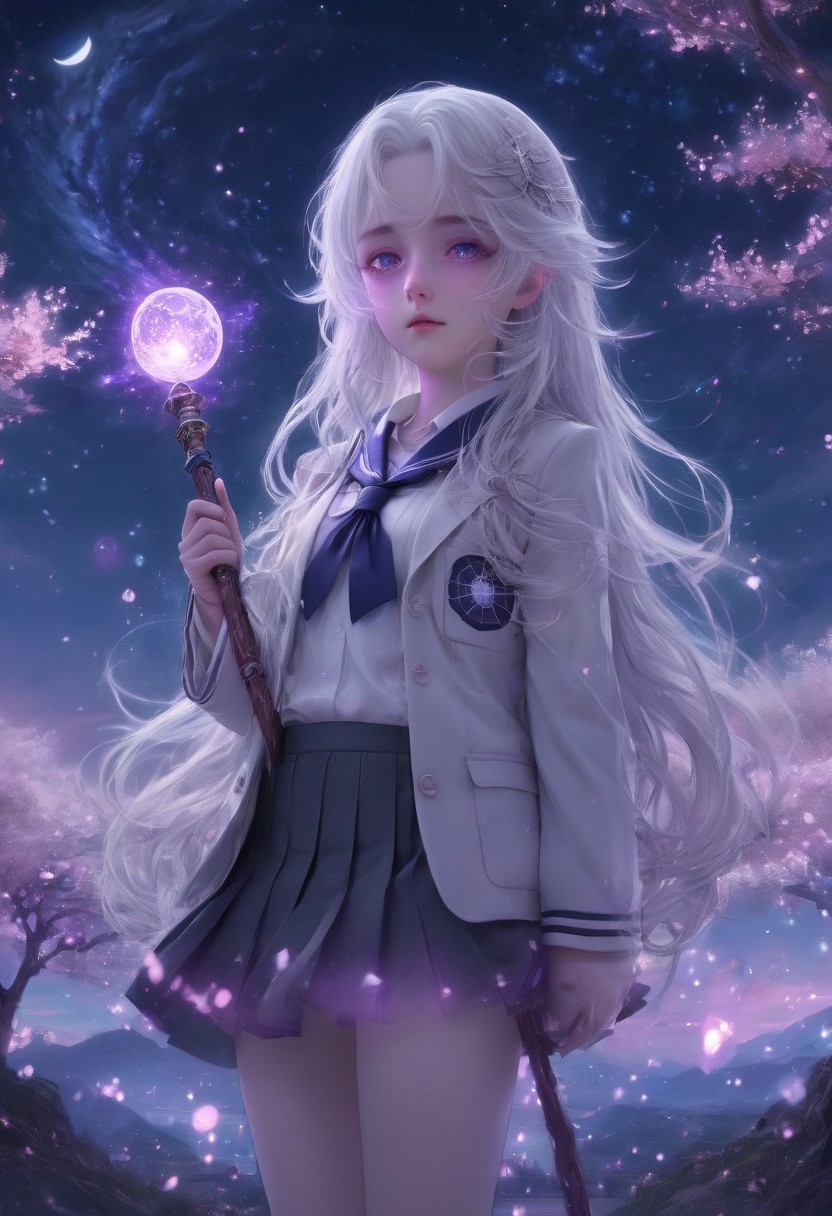 Mystical high-school girl with silver-white flowing hair and violet eyes, standing under a twilight sky filled with swirling constellations and glowing cherry blossoms; her school uniform softly glows with ethereal light, and she holds a celestial staff made of crystal and moonlight; the scene evokes serenity, mystery, and quiet strength — anime-style illustration with intricate details, soft lighting, and a dreamlike atmosphere.