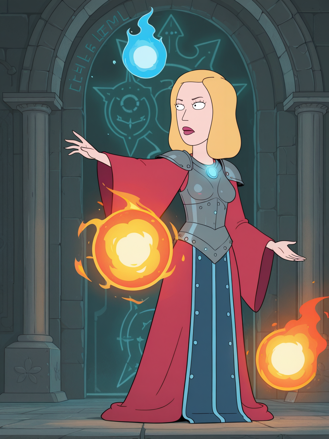 <lora:Beth_SmithIL:0.9> b_s, 1girl, blonde hair, pupils black dots, red lips, black eyes,
magic, magic robe, steel armor,glowing liens, fireball, action, full body, glowing background, magic background