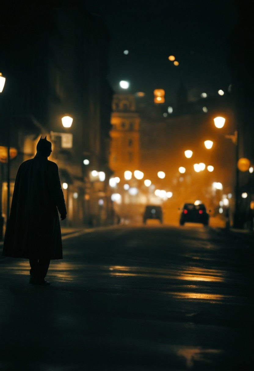 batman, dark cinematic, dark cinematic style, wide angle exterior background, silhouette, light, dark , shallow depth of field, vignette, highly detailed, high budget, bokeh, cinemascope, halogen street lights, night, old city street, eerie