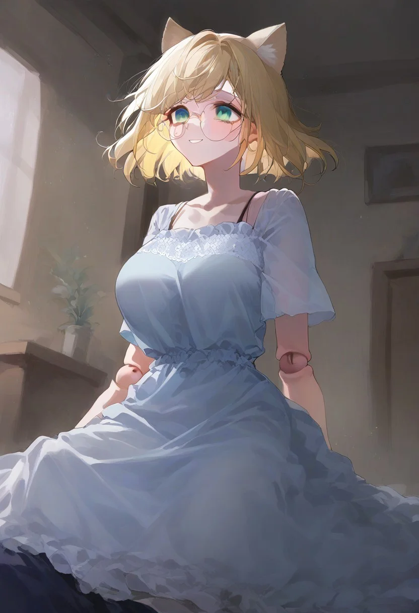 score_9, score_8_up, score_7_up, score_6_up, source_anime, <lora:doll_joints_v0.1-pony:1.0> bra visible through clothes, expressiveh, braid twintail, cowgirl position, straddling, girl on top
green eyes, sitting, large breasts, short hair,
1woman, blonde hair, solo, happy, glasses,
doll joints, inside apartment, long light blue dress, simple white fitting bra, looking up from below, smiling, doll eyes, embroidered hem, cat ears, visible neck