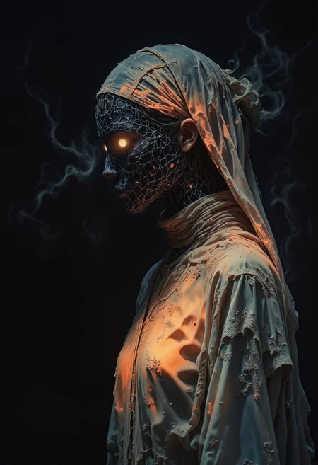 A mysterious figure veiled in shadows, her features barely visible beneath a soft cascade of caramel-hued neon mist. Subtle iridescent tones shimmer at the edges, dissolving into streaks of ambient light that swirl like whispered secrets in the dark. The minimal, moody composition heightens the enigmatic aura, with soft, painterly brushstrokes blending the neon haze into the void. Ethereal yet restrained, the warm glow of caramel mist contrasts against the deep, cinematic darkness, capturing a fleeting moment of hidden beauty. High-detail, expressive brushwork, atmospheric lighting, abstract elegance.(epic dark fantasy style).
ne0nfant4sy, jitostyle, monochrome, ghiblistyle.