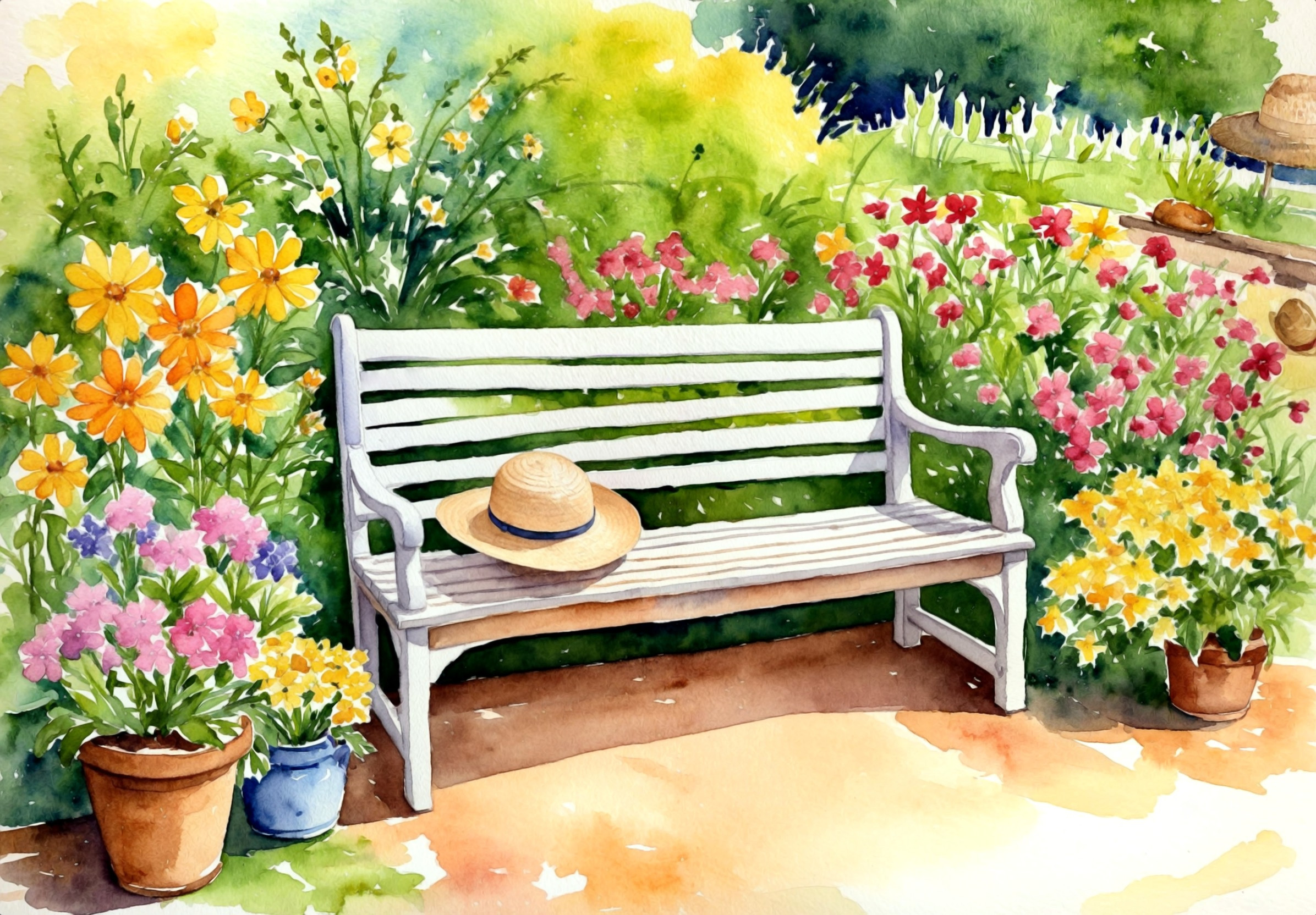 water color of a bench with flowers around it, a straw hat is on the bench. in the garden.