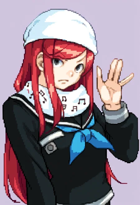 score_9, score_8_up, score_7_up, source_anime, BREAK, solo, 1girl, looking at viewer, <lora:Ace-Attorney-Portraits-pdxl_Fp:1>, portrait, pixel art, simple background, upper body, <lora:Airiban-pdxl_Fp:1>, airiban, red hair, grey eyes, long hair, white beanie, school uniform, black serafuku, scarf, musical note print, skirt, black thighhighs
