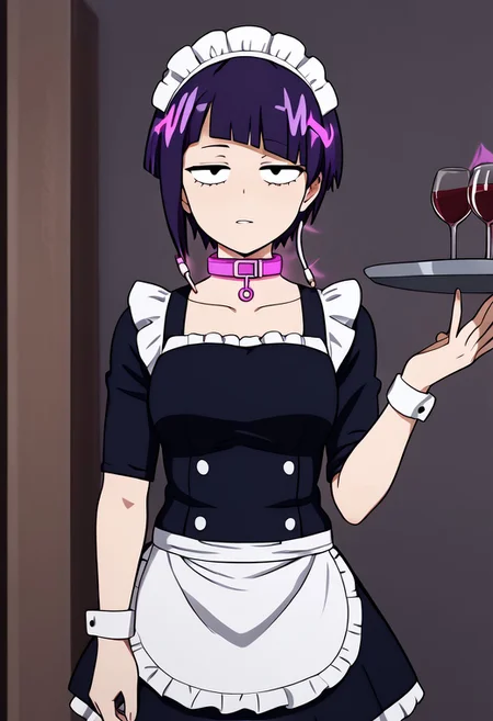 Kyoka hypnotized to be a maid,,
score_9, anime, lewd, 1girl, smooth,
mind control, hypnotized, empty eyes, half-closed eyes, (mind control collar, glowing collar),
lovelybear_maid_outfit, standing at attention, (holding tray with one hand), wine glasses on tray, collarbone,
jirouSDXL, short hair, dark purple hair, black eyes, jirou kyouka
