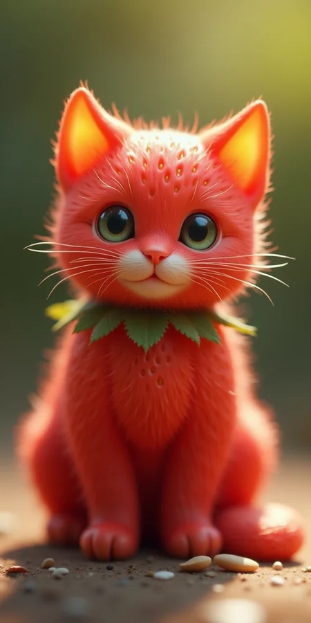 detailed realistic close up of a strawberry shaped like a kitten, sitting, natural light