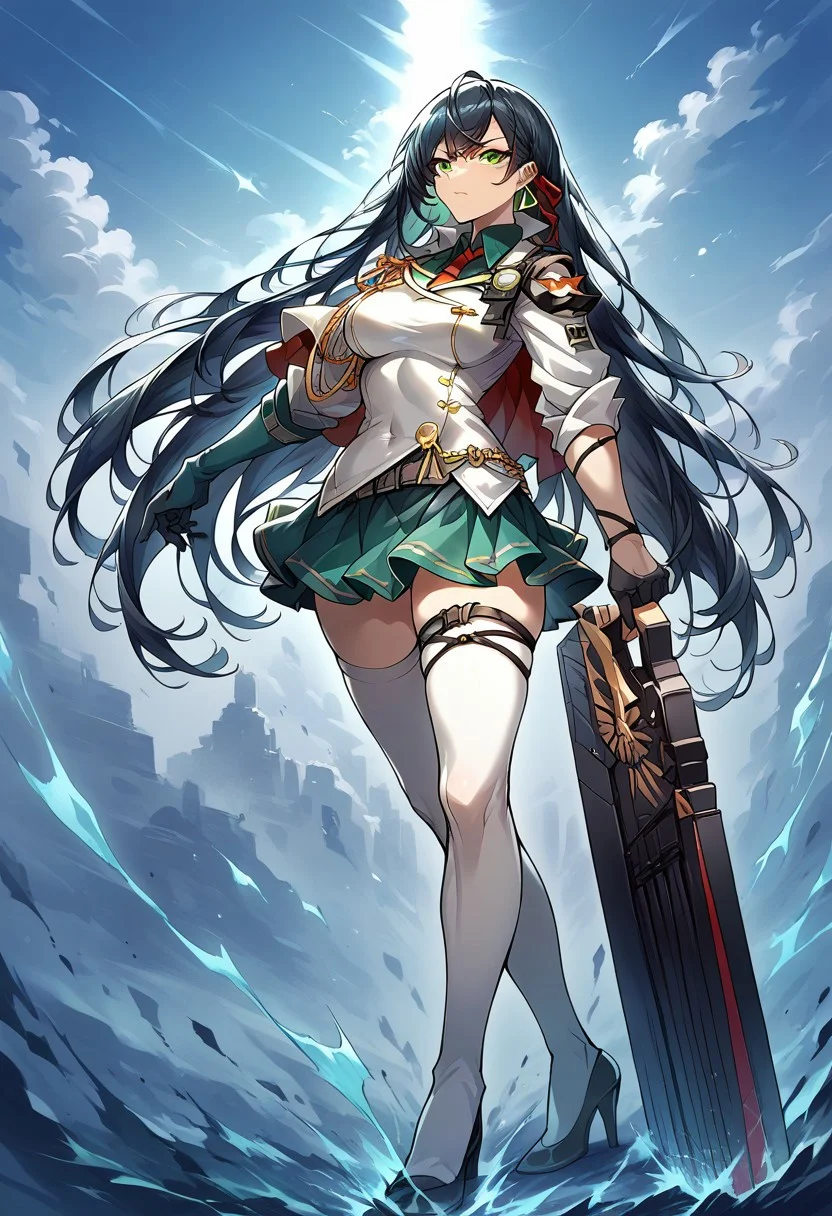 score_9, score_8_up, score_7_up, source_anime, good anatomy, 1girl, solo, LinToF, detailed face, beautiful face, dark green hair, long hair, green hair highlight, green eye, earing, red tie, red hair ribbon, green undershirt, white military unniform jacket, capelet, gold epaulette, asymmetrical green gloves, belt, straps, gold-trimmed green skirt, green skirt, miniskirt, white thighhighs, black high heels, standing, full body, giant combat fan, holding giant combat fan, closed giant combat fan, fighting stance