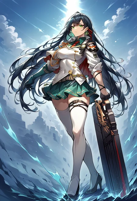 score_9, score_8_up, score_7_up, source_anime, good anatomy, 1girl, solo, LinToF, detailed face, beautiful face, dark green hair, long hair, green hair highlight, green eye, earing, red tie, red hair ribbon, green undershirt, white military unniform jacket, capelet, gold epaulette, asymmetrical green gloves, belt, straps, gold-trimmed green skirt, green skirt, miniskirt, white thighhighs, black high heels, standing, full body, giant combat fan, holding giant combat fan, closed giant combat fan, fighting stance