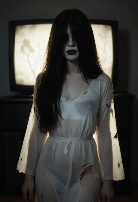 score_9, score_8_up, score_7_up,score_6_up, 
1girl, solo,
SadakoDG,
Low-key lighting, night,
long hair, black hair, pale skin, black lips, smug, 
hair over eyes, 
expressionless, 
horror \(theme\),  
see-through silhouette, 
white dress, see-through, torn clothes, 
television
