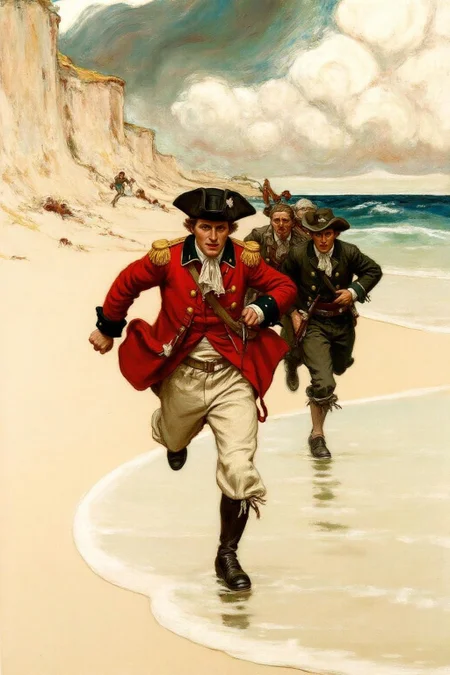 hopy1 illustration.
The central figure is a British soldier, dressed in a red jacket with gold epaulettes, white trousers, and a black tricorn hat, running along a sandy beach. His face is determined, and he appears to be in the middle of a chase or escape. There are two men chasing after him. <lora:hopy1_cap_d6a3e12:1.0><lora:826169945017810695:0>
