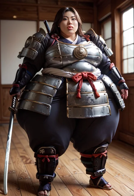 score_9, score_8_up, score_7_up, score_6_up, (solo:1.1), 1girl, human, brown hair, (blue eyes), asian, (athletic), (tall), buff, big breasts, (hyper lips), (gigantic lips), (samurai), (samurai armor), (full samurai armor), (fully armored), (head to toe plate armor), under armor, (tight armor), (tight clothes), front view, (chubby:1.2), (hyper hips:1.3), (hyper butt:1.3), (gigantic butt:1.1), (gigantic hips:1.1), (bottom heavy), (obese), ussbbw, belly overhang,  fat arms, double chin, fat cheeks