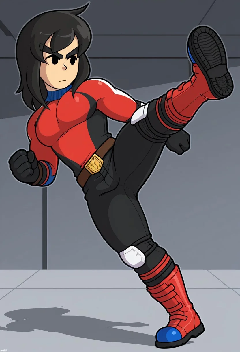 score_9, score_8_up, score_7_up, masterpiece, best quality, amazing quality, Mii_Brawler, Mii, 1boy, solo, black hair, black eyes, no pupils, 2d_brawl, brawl_clothes, kicking, solo, belt, black hair, black eyes, gloves, pecs, boots, flying kick, bodysuit, red footwear, black gloves, medium hair, animification, pants, medium pecs, superhero, brown belt, full body, electric background