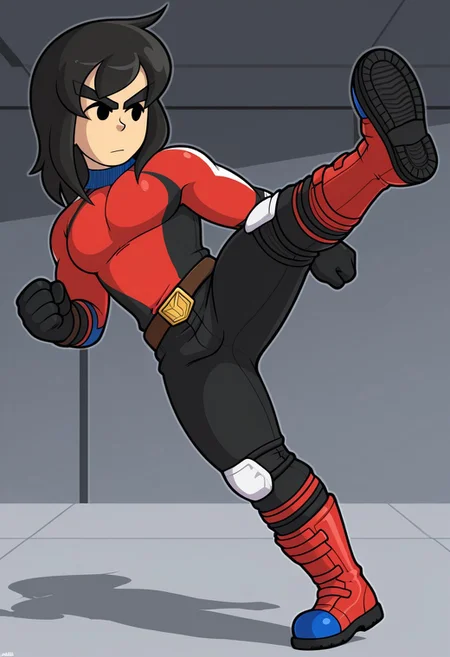 score_9, score_8_up, score_7_up, masterpiece, best quality, amazing quality, Mii_Brawler, Mii, 1boy, solo, black hair, black eyes, no pupils, 2d_brawl, brawl_clothes, kicking, solo, belt, black hair, black eyes, gloves, pecs, boots, flying kick, bodysuit, red footwear, black gloves, medium hair, animification, pants, medium pecs, superhero, brown belt, full body, electric background
