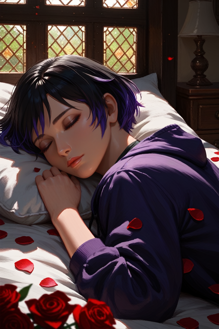 score_9, score_8_up, score_7_up, 
<lora:TKReina:0.8>
TKReina, 1girl, black hair, purple hair, multicolored hair, short hair, looking at viewer, sleeping in a bed, rose petals, Romanian house