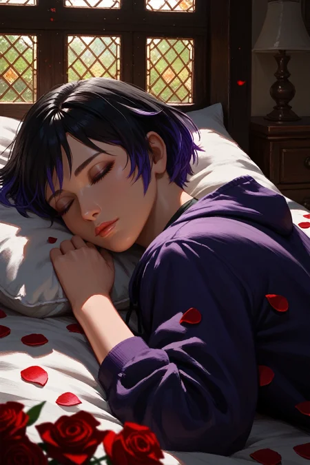 score_9, score_8_up, score_7_up,
<lora:TKReina:0.8>
TKReina, 1girl, black hair, purple hair, multicolored hair, short hair, looking at viewer, sleeping in a bed, rose petals, Romanian house