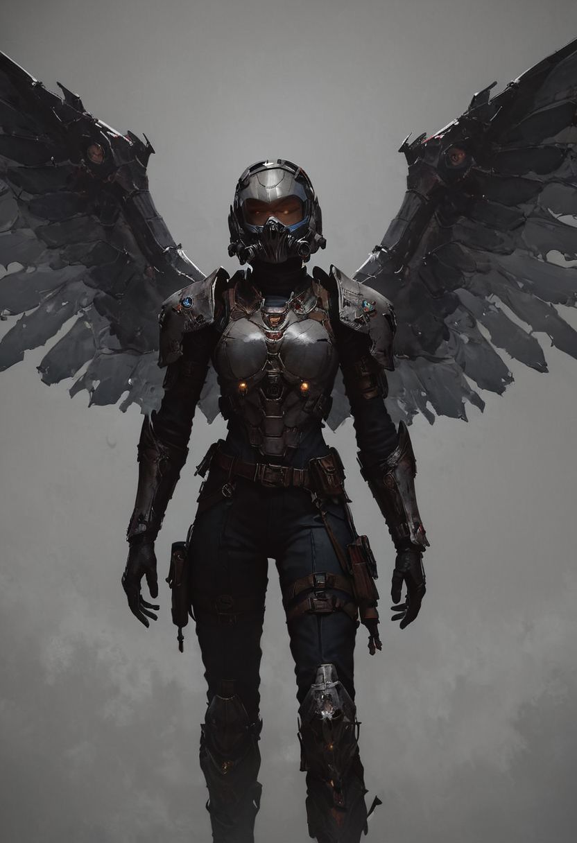 score_9, score_8_up, score_8_up, female Sci fi knight, sci fi armor, glowing sword blue, space armor, visor, sleek intimadating mask, steel, tall, full mask, glowing parts, tunic, sci fi sleek helm, starlord, tunic, wings, metal wings,  black visors, titanfall mask, sci fi mask