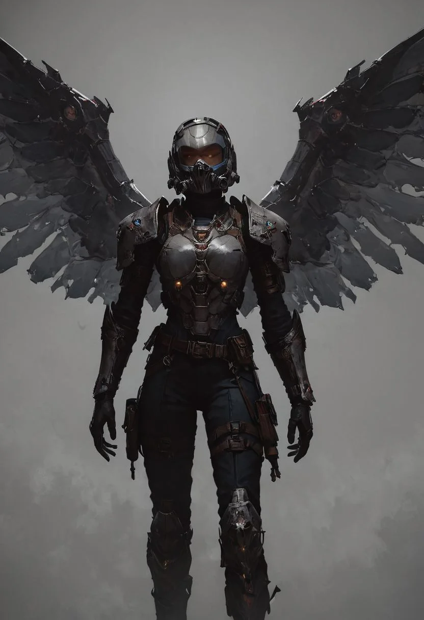 score_9, score_8_up, score_8_up, female Sci fi knight, sci fi armor, glowing sword blue, space armor, visor, sleek intimadating mask, steel, tall, full mask, glowing parts, tunic, sci fi sleek helm, starlord, tunic, wings, metal wings, black visors, titanfall mask, sci fi mask