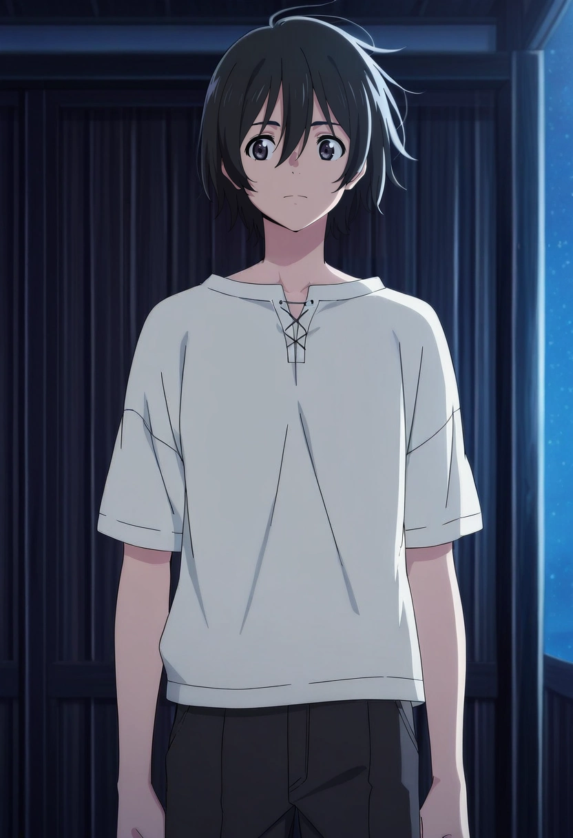 masterpiece, best quality, anime screencap, official style, anime coloring, cowboy shot, 1boy, solo, male focus, <lora:mio_chibana_ilxl:0.9>, mio_chibana, black hair, black eyes, short hair, hair between eyes, , ,