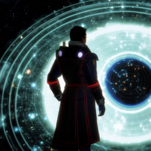 a mystic (wearing a robe), sitting in a glowing and floating circle surrounded by stars and space MassEffectEmbed