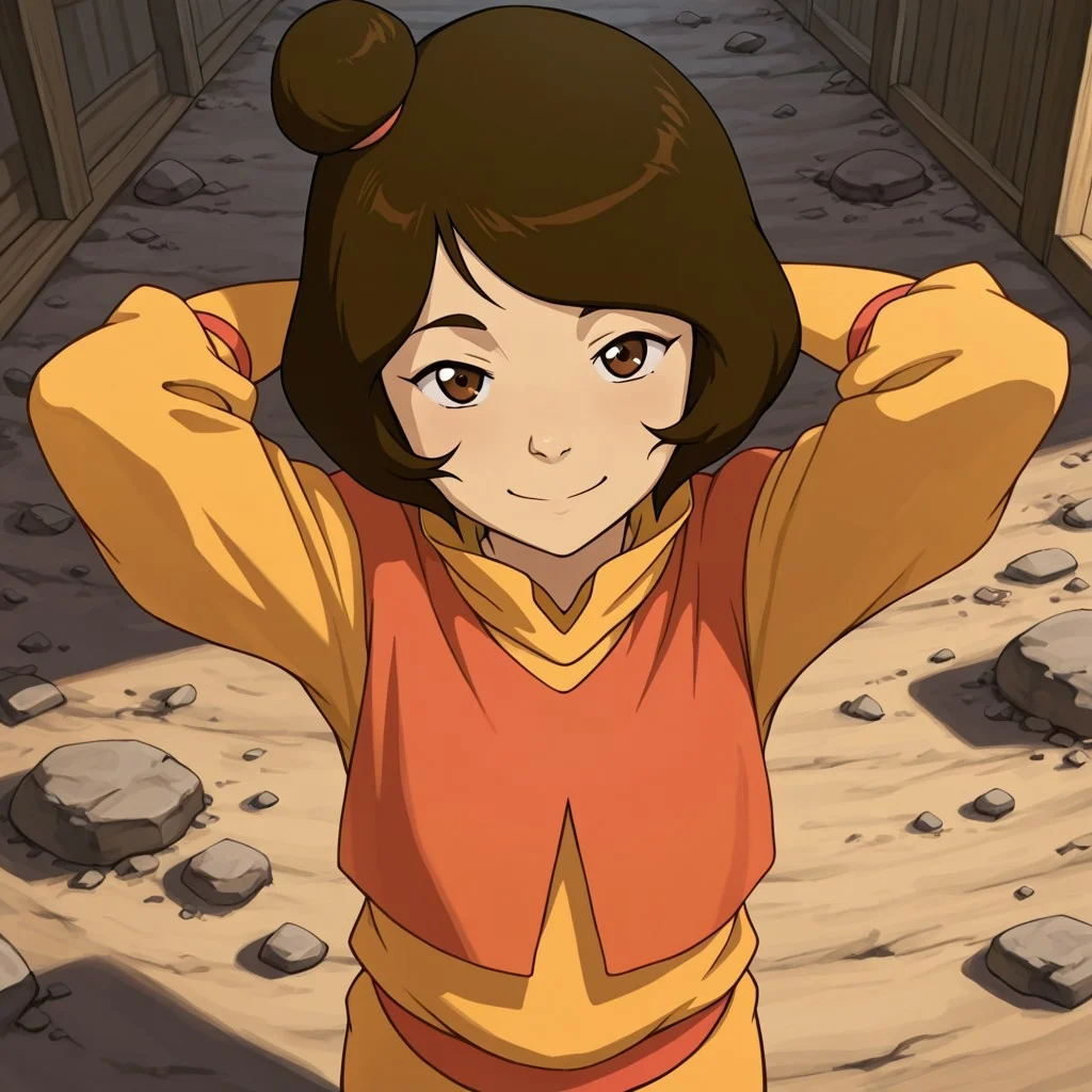 masterpiece, best quality, break, jinora_k, short hair, brown hair, brown eyes, single hair bun. monk clothes, smile, arms behind head, looking at viewer, from above
