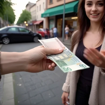 Generate a realistic image of a hand extending out offering cash to a woman. The focus is on the exchange, capturing the moment of transaction. The background is blurred to emphasize the action between the hand and the woman, highlighting the details of the cash and their expressions to convey the context of the exchange. The lighting is natural, enhancing the realism of the scene.,<lora:cashbaba:0.75>