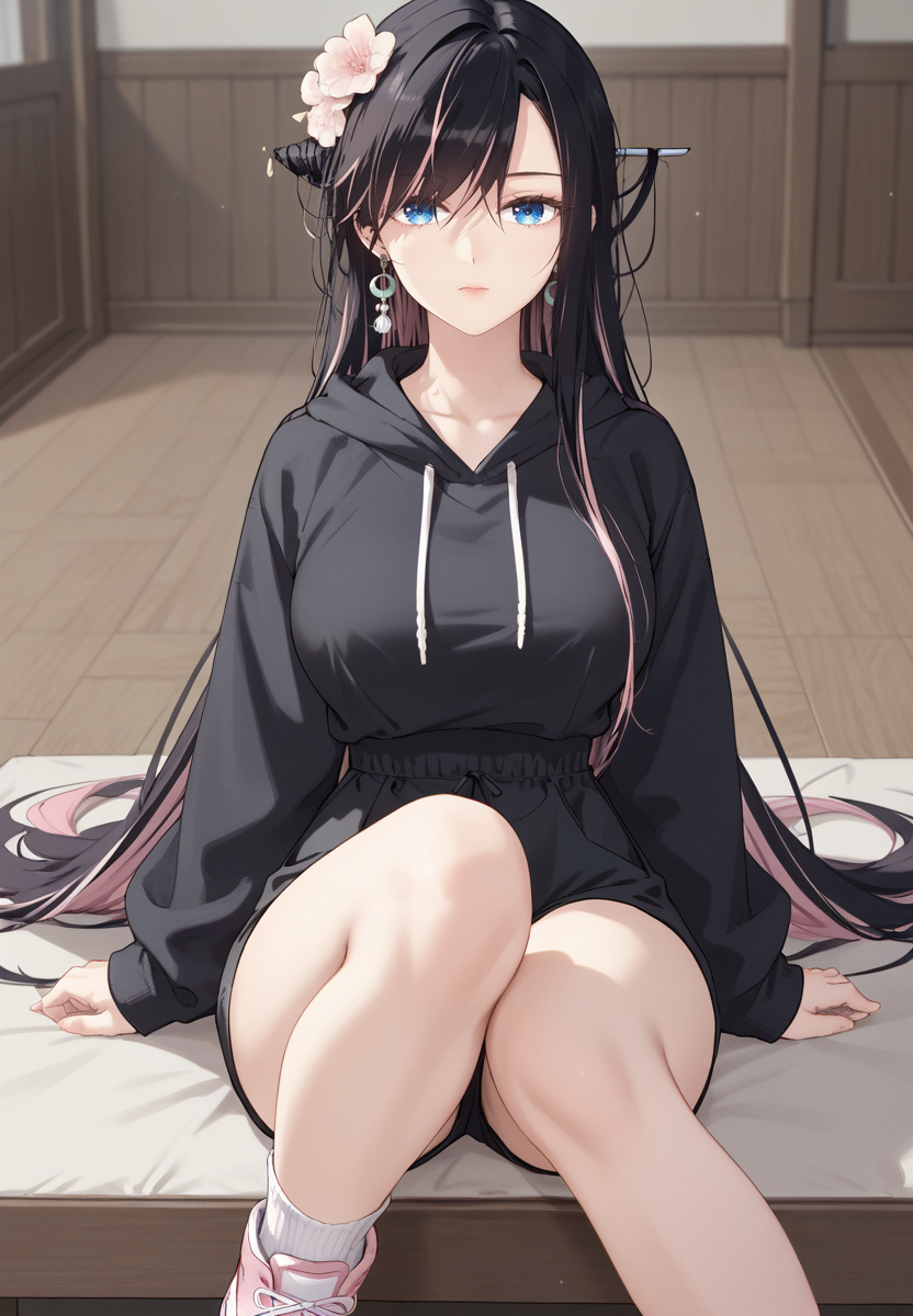 zPDXL3, score_9_up, score_8_up, score_7_up, (Anime_source),Masterpiece,(perfect female body:1.2), small waist, (incredibly detailed:1.4), slim, beautiful fingers, beautiful white skin, Beautiful clear skin, (large breasts:1.4)  looking at viewer, big breasts,  nayerin, 1girl, black hair, pink hair, multicolored hair, blue eyes, hair ornament <lora:Na_Yerin_-_Masters_of_Lightning_Knives-Kaleid_PONY:0.8>, hair flowers, expressionless, very long hair, (only black hoodie:1.2), pink sneakers, knee to chest, face lying on knee, indoors, black shorts, (facing viewer:1.5) knees together,