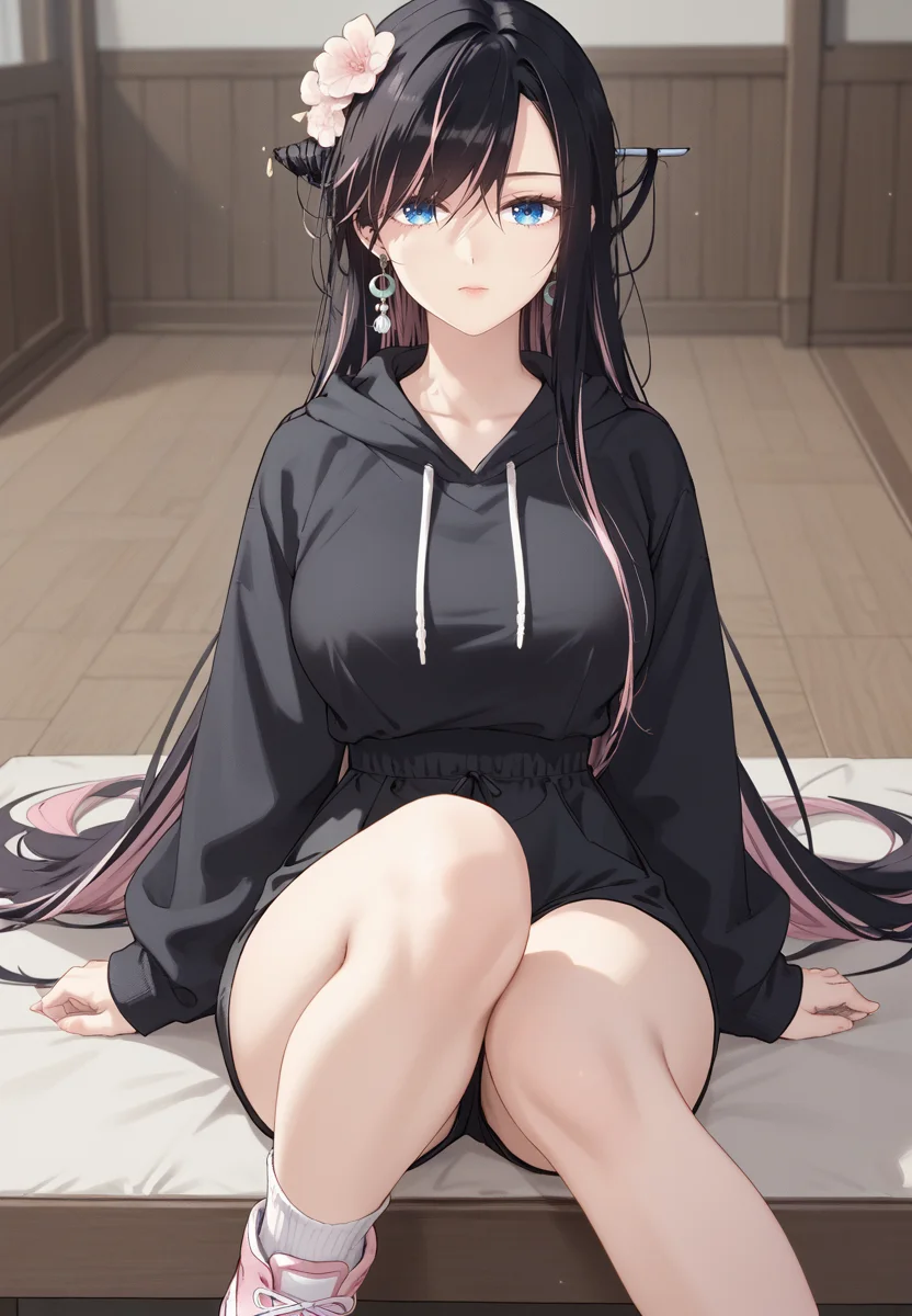 zPDXL3, score_9_up, score_8_up, score_7_up, (Anime_source),Masterpiece,(perfect female body:1.2), small waist, (incredibly detailed:1.4), slim, beautiful fingers, beautiful white skin, Beautiful clear skin, (large breasts:1.4) looking at viewer, big breasts, nayerin, 1girl, black hair, pink hair, multicolored hair, blue eyes, hair ornament <lora:Na_Yerin_-_Masters_of_Lightning_Knives-Kaleid_PONY:0.8>, hair flowers, expressionless, very long hair, (only black hoodie:1.2), pink sneakers, knee to chest, face lying on knee, indoors, black shorts, (facing viewer:1.5) knees together,