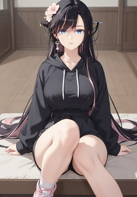 zPDXL3, score_9_up, score_8_up, score_7_up, (Anime_source),Masterpiece,(perfect female body:1.2), small waist, (incredibly detailed:1.4), slim, beautiful fingers, beautiful white skin, Beautiful clear skin, (large breasts:1.4) looking at viewer, big breasts, nayerin, 1girl, black hair, pink hair, multicolored hair, blue eyes, hair ornament <lora:Na_Yerin_-_Masters_of_Lightning_Knives-Kaleid_PONY:0.8>, hair flowers, expressionless, very long hair, (only black hoodie:1.2), pink sneakers, knee to chest, face lying on knee, indoors, black shorts, (facing viewer:1.5) knees together,