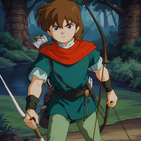 weapon, 1boy, solo, Robin Hood, blue eyes, white collar, red scarf, dark green shirt, light green pants, brown hair, bow, arrow