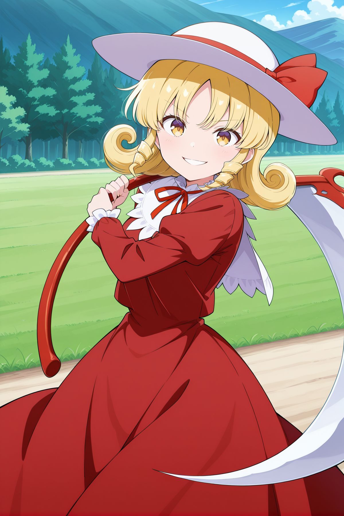 absurdres, highres, masterpiece, best quality, amazing quality, official anime artwork, screencap, anime screencap, outdoors, looking at viewer, dynamic pose, 
 <lora:Elly_Illustrious:1> elly, 1girl, solo, yellow eyes, blonde hair, curly hair, short hair,, white hat, hat ribbon, red ribbon, red dress, neck ribbon, long sleeves, holding scythe,
evil smile,