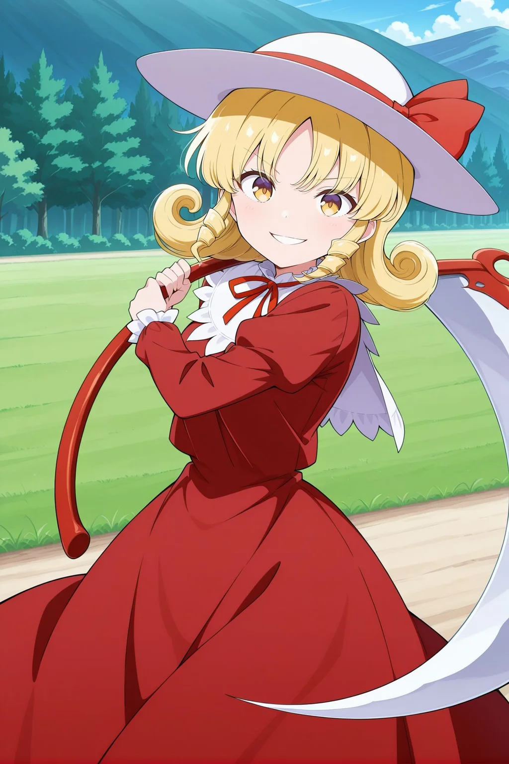 absurdres, highres, masterpiece, best quality, amazing quality, official anime artwork, screencap, anime screencap, outdoors, looking at viewer, dynamic pose,
<lora:Elly_Illustrious:1> elly, 1girl, solo, yellow eyes, blonde hair, curly hair, short hair,, white hat, hat ribbon, red ribbon, red dress, neck ribbon, long sleeves, holding scythe,
evil smile,