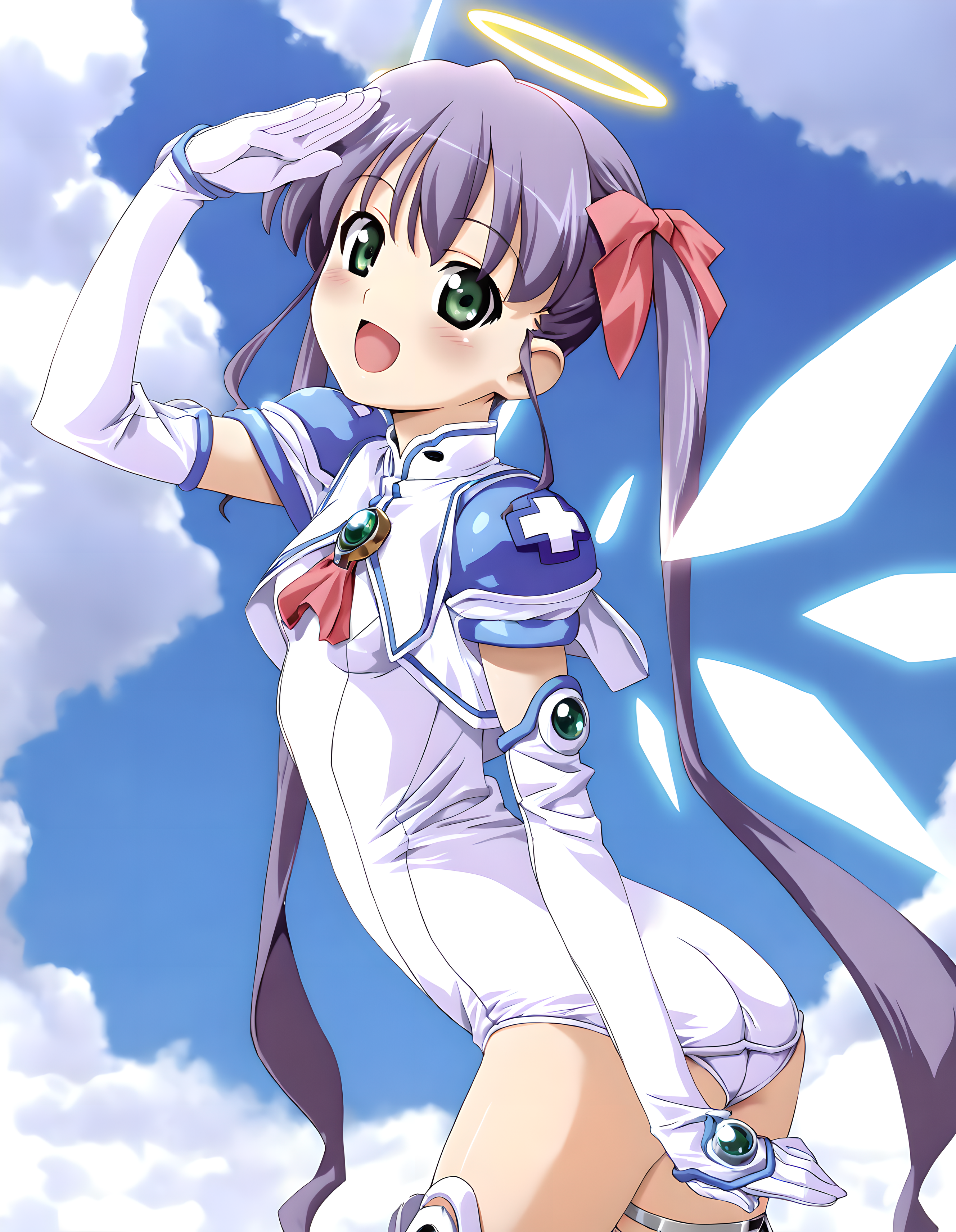 <lora:illustrious_XL_hikari_v2:0.8>,hikari,masterpiece,best quality,good quality,1girl,solo,purple hair,green eyes,white one-piece swimsuit,shoulder pads,white elbow gloves,thigh strap,white thigh boots,gem,halo,glowing wings,day,sky,standing,salute,leaning_forward,from_side,looking_back,:d,