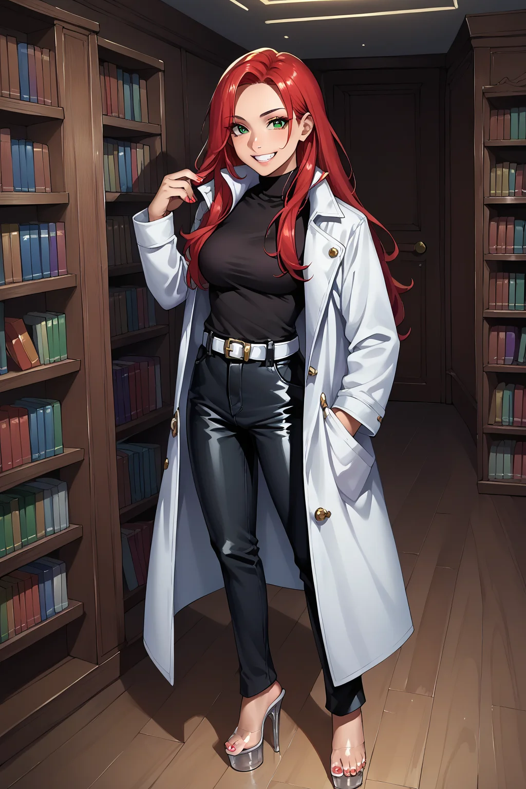 score_9, score_8_up, score_7_up, source_anime, highly detailed, female focus, 1girl, red hair, solo, long hair, smile, grin, green eyes, shirt, black shirt, coat, high collar, white coat, upper body, belt, black pants, Indoor, Bookshelf, full body,

Acrylic Heels, Stripper Heels, 2" Platform, Clear Heels, Clear Platform, Slip on Heels, nail Polish, toenail polish