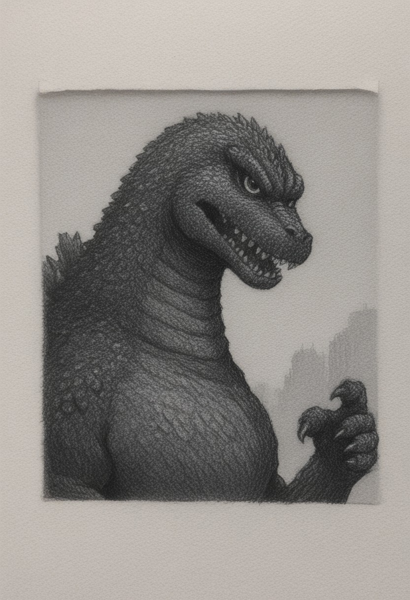 traditional media \(artwork\),monochrome,sketch,rough sketch,paper texture, 1monster, solo, giant godzilla reptillian, sharp teeth, dorsal plates, spines, feral, realistic scales, detailed scale texture, furry male, solo, plantigrade, portrait, upperbody, solo, extremely detailed, Macro detailed realism style, creature, scales, textured skin, sharp teeth, claws, spikes, back spikes, Masterpiece,Sharp focus,UHD,Polaroid,High quality,Perfect,Atmospheric,64k,8k,CCTV,Telephoto,