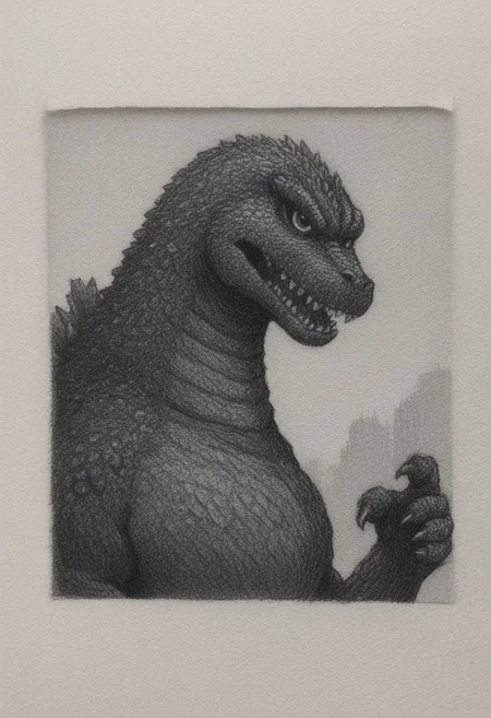 traditional media \(artwork\),monochrome,sketch,rough sketch,paper texture, 1monster, solo, giant godzilla reptillian, sharp teeth, dorsal plates, spines, feral, realistic scales, detailed scale texture, furry male, solo, plantigrade, portrait, upperbody, solo, extremely detailed, Macro detailed realism style, creature, scales, textured skin, sharp teeth, claws, spikes, back spikes, Masterpiece,Sharp focus,UHD,Polaroid,High quality,Perfect,Atmospheric,64k,8k,CCTV,Telephoto,