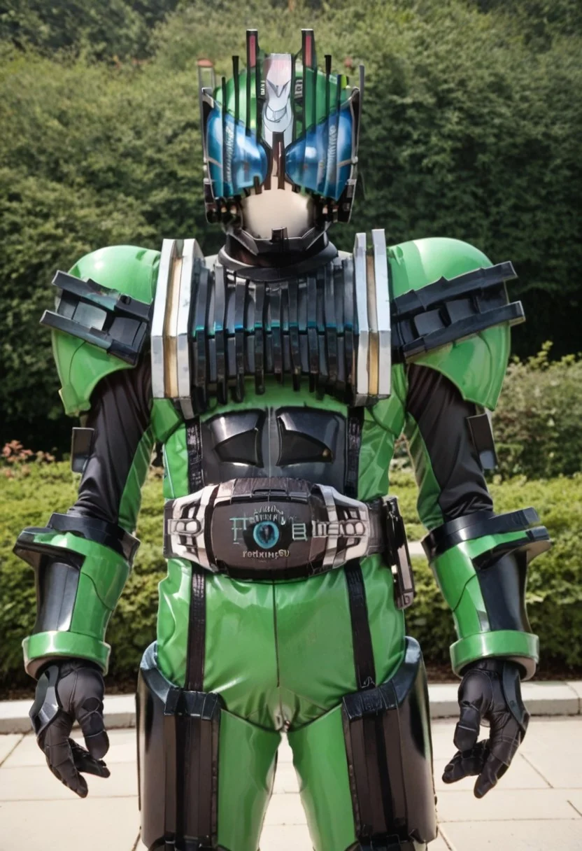 score_9, score_8, score_7, solo, armor, tokusatsu, bodysuit, helmet, rider belt, Machine, green armor,