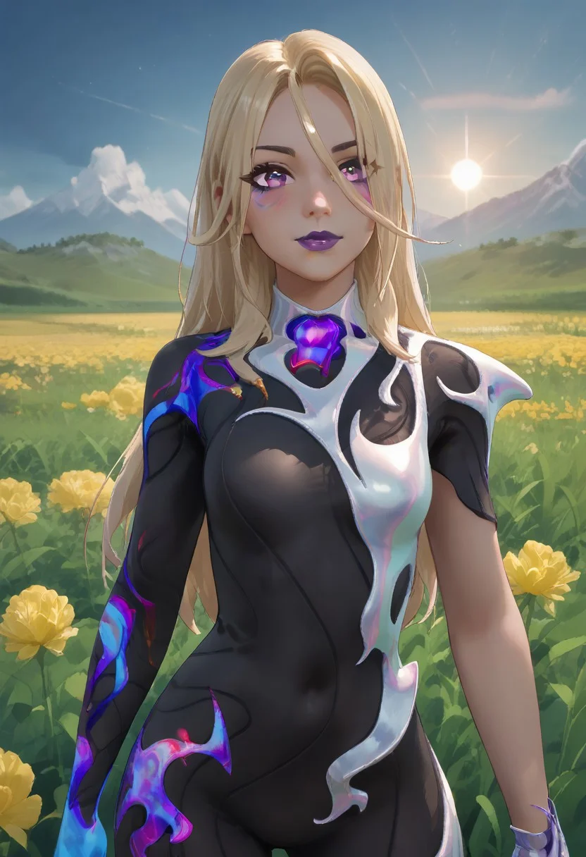 source_anime, score_9,score_8_up, score_7_up,score_6_up, anime style, uncensored, BREAK,SerenadeFN, long blonde hair, purple eyes, purple lips, one short sleeve, gloves, black spandex bodysuit, silver details, long sleeve glove, blue long glowing boot, silver glove, wide hips, cute blush, seductive look, flirting, the girl turns back, view from the back, flower field, sunlight bottom view, perfect face, detailed face, volumetric lighting, cinematic lighting,