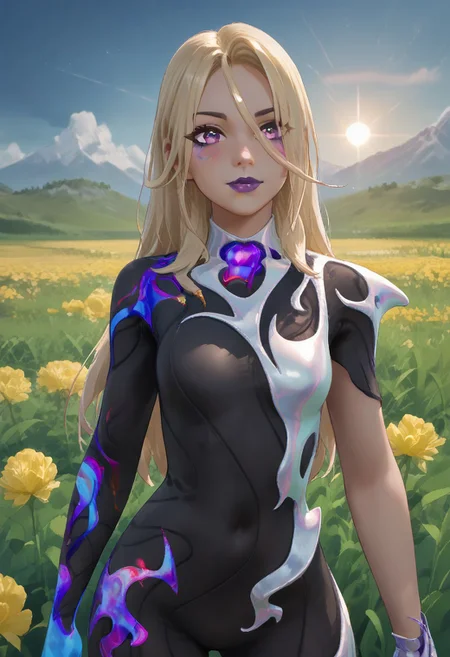 source_anime, score_9,score_8_up, score_7_up,score_6_up, anime style, uncensored, BREAK,SerenadeFN, long blonde hair, purple eyes, purple lips, one short sleeve, gloves, black spandex bodysuit, silver details, long sleeve glove, blue long glowing boot, silver glove, wide hips, cute blush, seductive look, flirting, the girl turns back, view from the back, flower field, sunlight bottom view, perfect face, detailed face, volumetric lighting, cinematic lighting,