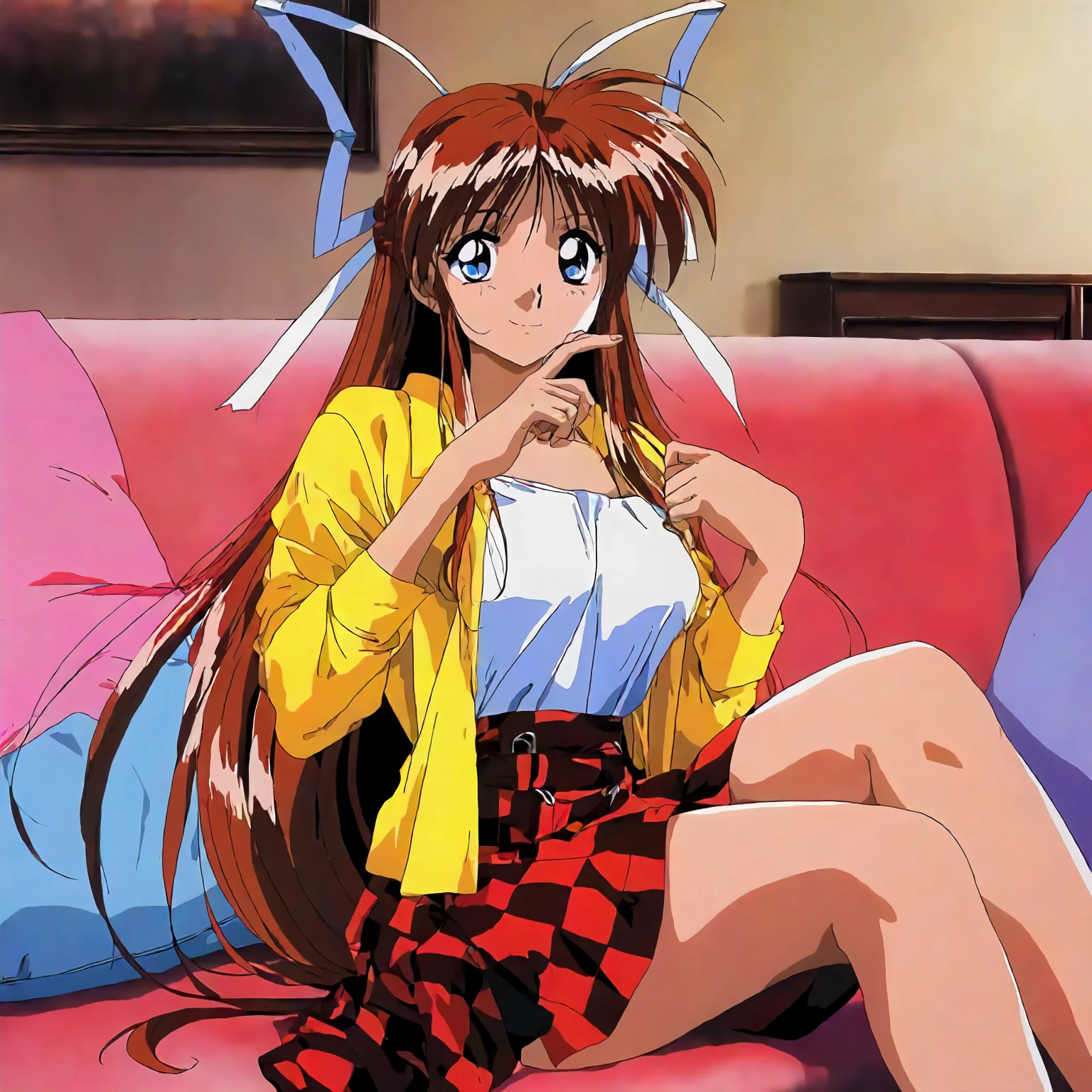 <lora:Hinomori_Azusa_OVA_IS:0.7>,
masterpiece,best quality,good quality,newest,
indoors,detailed background,couch,
smile,
looking at viewer,
solo,
Hinomori_Azusa_OVA,1girl,very long hair,brown hair,white ribbon,blue eyes,hair ribbon,breasts,bangs,1990s \(style\),anime coloring,
checkered skirt,red skirt,white shirt,yellow shirt,
sitting,