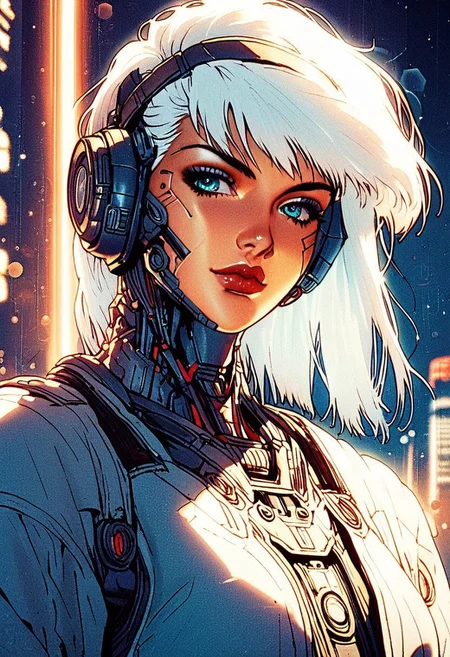 score_9, score_8_up, score_7_up, illustration, line art, light particle, n3gsp4c3, white hair,cyberpunk, anime, science fiction, 1980s style, mechanical parts,lens flare, 

cyberpunk, 1 woman, Kim Wilde, adult, neon city background, cyberpunk goggles