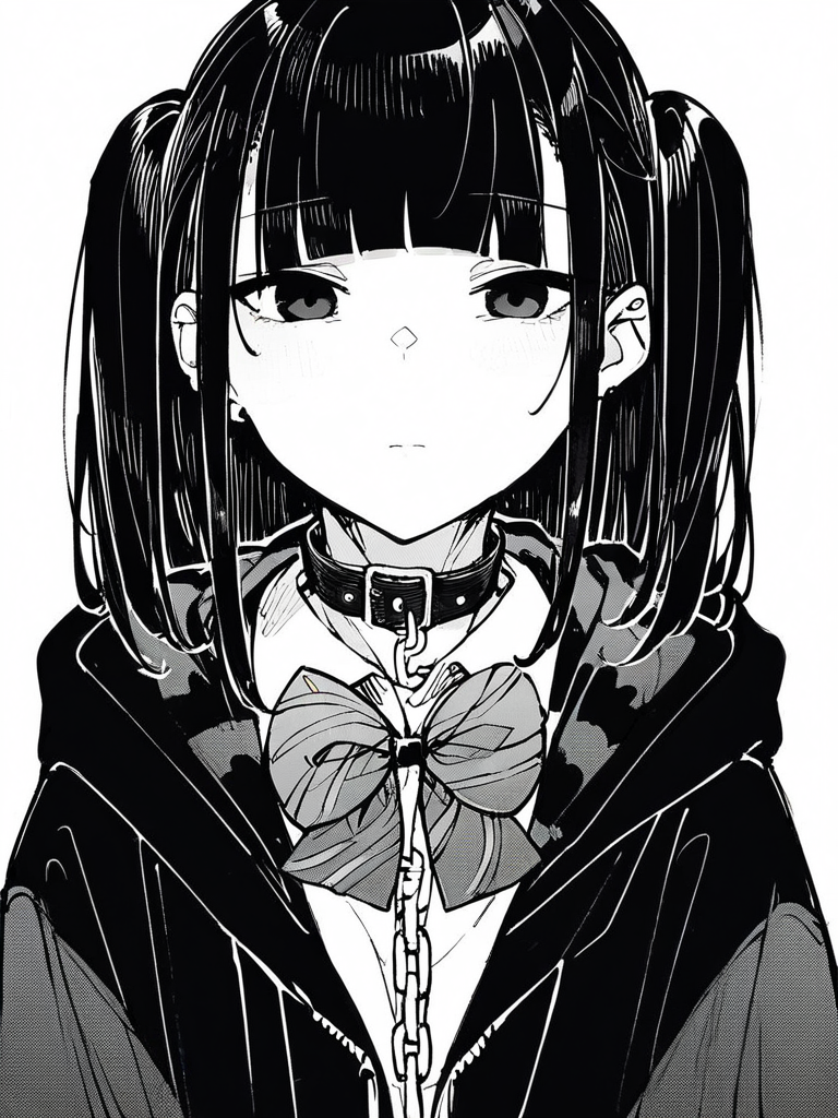 score_9, score_8_up, score_7_up,  
1girl,  monochrome,
black hair, blunt bangs, long hair, two side up, black eyes,

standing, hoodie, open jacket, white shirt, bowtie, collar, chain, upper body, plaid skirt, school uniform, looking at viewer, expressionless, closed mouth,